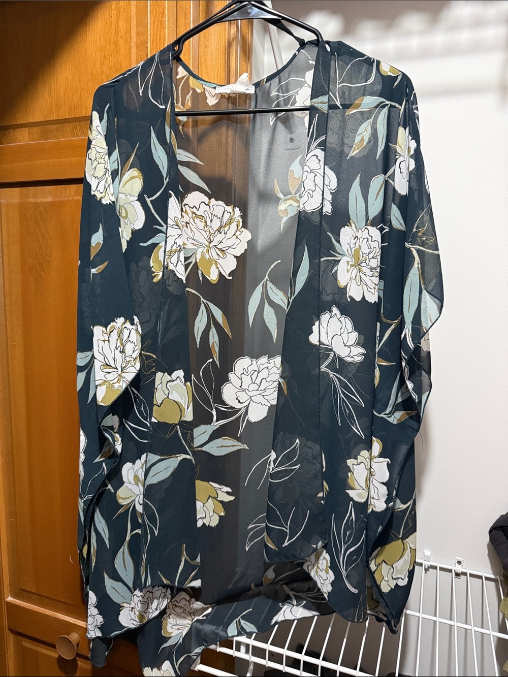 Floral Sheer Kimono Cardigan - Black with White & Green Flowers